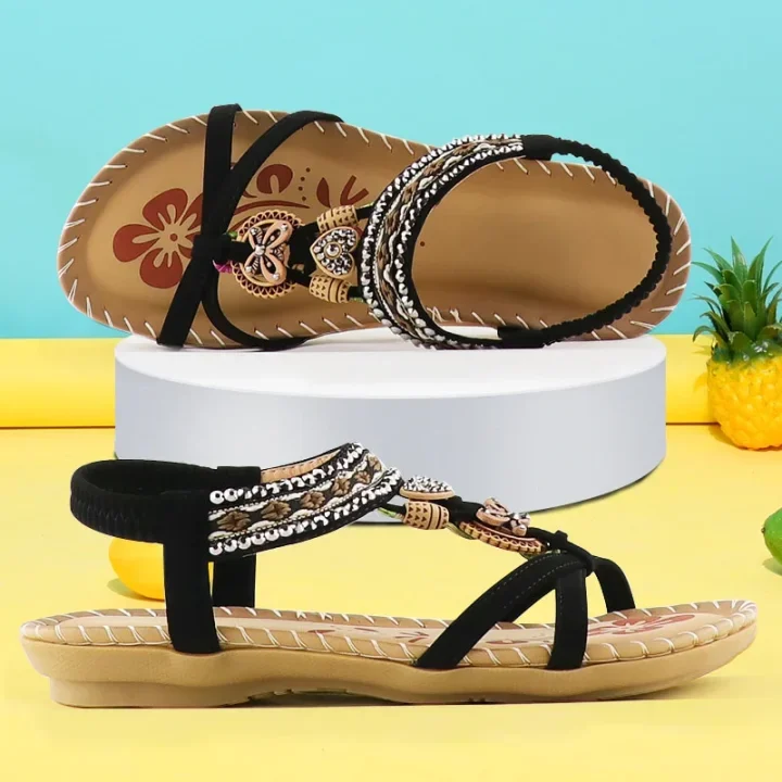 Retro Bohemian Print Elastic Band Flat Summer Shoes